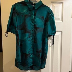 Karl Lagerfeld Blouse Medium Green/Black Geometric Pattern Doman sleeve W/ cord